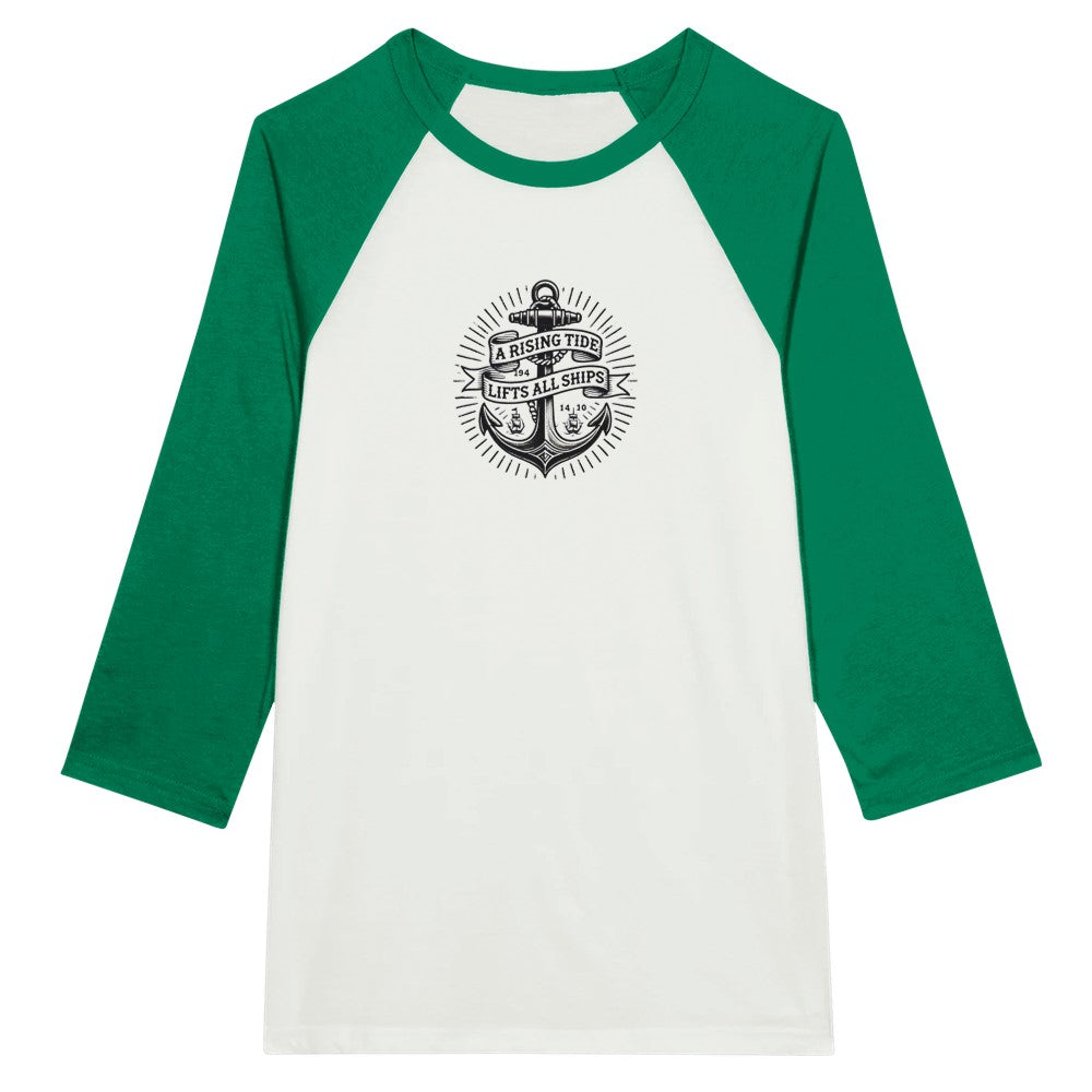 Baseball style raglan top adorned with an anchor vintage tattoo inspired  graphic and a motivational quote, ‘A rising tide lifts all ships,’ for a nautical vibe. Available in a range of colours.