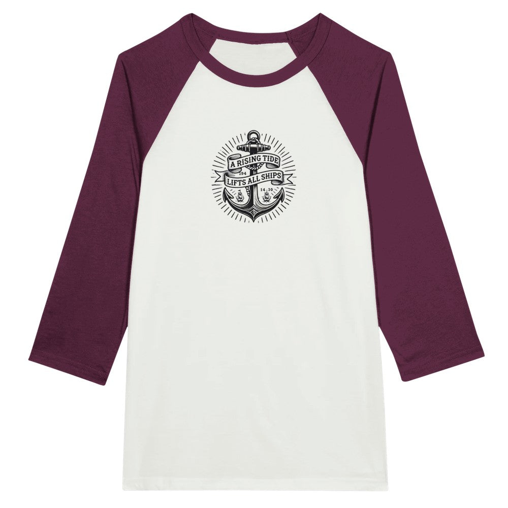 Baseball style raglan top adorned with an anchor vintage tattoo inspired  graphic and a motivational quote, ‘A rising tide lifts all ships,’ for a nautical vibe. Available in a range of colours.