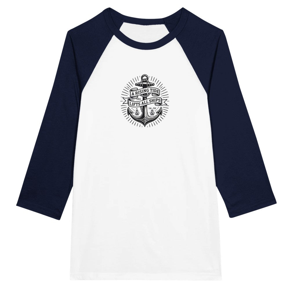 Baseball style raglan top adorned with an anchor vintage tattoo inspired  graphic and a motivational quote, ‘A rising tide lifts all ships,’ for a nautical vibe. Available in a range of colours.