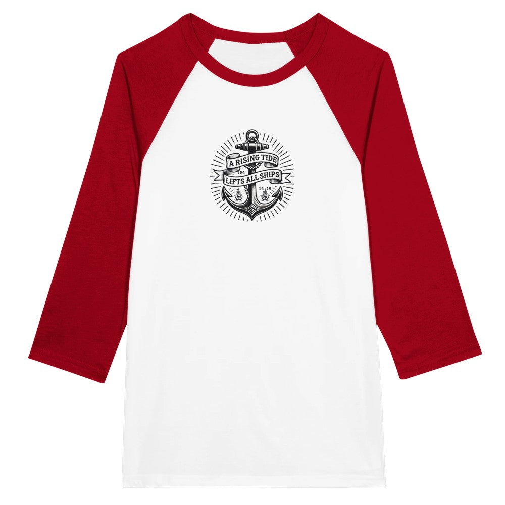 Baseball style raglan top adorned with an anchor vintage tattoo inspired  graphic and a motivational quote, ‘A rising tide lifts all ships,’ for a nautical vibe. Available in a range of colours.