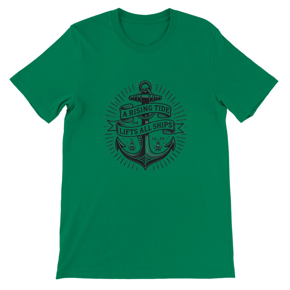 T-shirt showcasing an anchor vintage tattoo inspired design along with a thoughtful quote, ‘A rising tide lifts all ships,’ perfect for casual wear. Available in a range of colours.