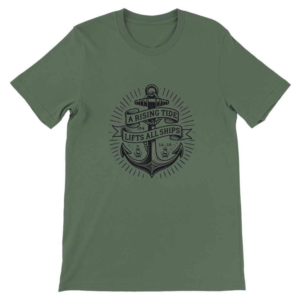 T-shirt showcasing an anchor vintage tattoo inspired design along with a thoughtful quote, ‘A rising tide lifts all ships,’ perfect for casual wear. Available in a range of colours.