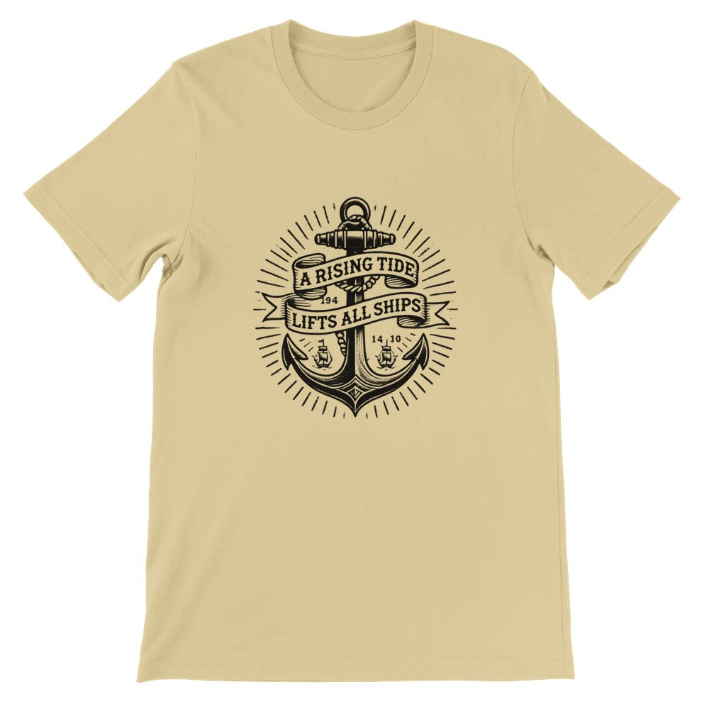 T-shirt showcasing an anchor vintage tattoo inspired design along with a thoughtful quote, ‘A rising tide lifts all ships,’ perfect for casual wear. Available in a range of colours.