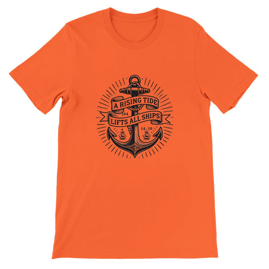 T-shirt showcasing an anchor vintage tattoo inspired design along with a thoughtful quote, ‘A rising tide lifts all ships,’ perfect for casual wear. Available in a range of colours.