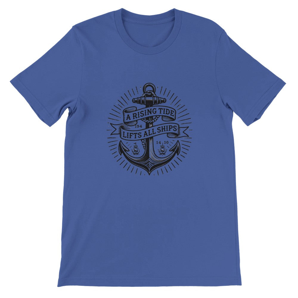 T-shirt showcasing an anchor vintage tattoo inspired design along with a thoughtful quote, ‘A rising tide lifts all ships,’ perfect for casual wear. Available in a range of colours.