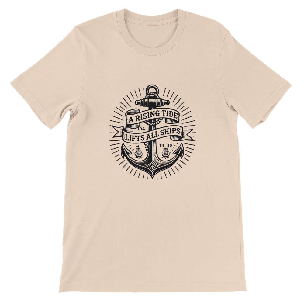 T-shirt showcasing an anchor vintage tattoo inspired design along with a thoughtful quote, ‘A rising tide lifts all ships,’ perfect for casual wear. Available in a range of colours.