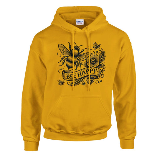Pullover hoodie featuring an old fashioned tattoo style design in black and white, with a bee and a flower, along with the words ‘bee happy’ within a banner. Perfect for casual wear. Available in a range of colours.Available in a range of colours - this one is a deep, golden yellow.