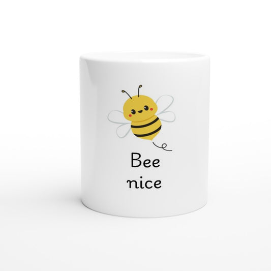 A stylish 11oz ceramic mug featuring a bee illustration and the words ‘bee nice.’ White with a coloured inside and handle. Available in a range of colours.
