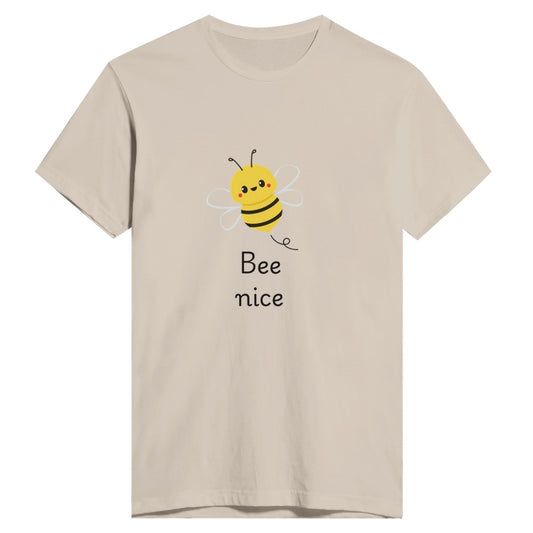 A stylish men’s fitted t-shirt featuring a charming bee graphic and the words bee nice, ideal for adding a touch of whimsy to your outfit. Available in a range of colours.