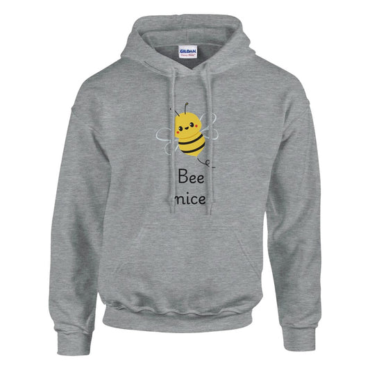 A trendy unisex hoodie showcasing a delightful bee illustration and the words bee nice. Great for expressing good vibes. Available in a range of colours.