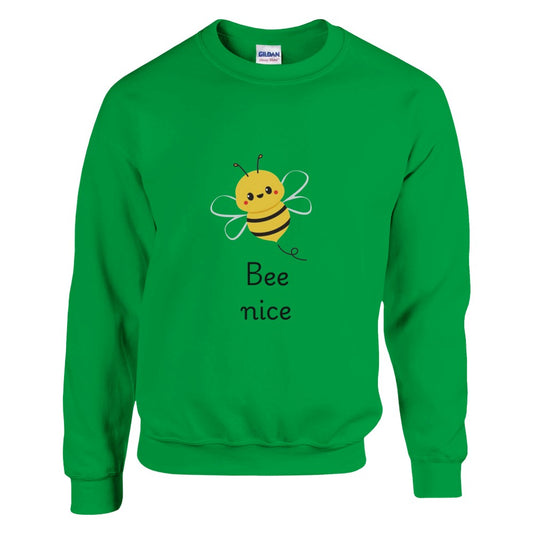 Sweatshirt featuring a cute bee design and the words bee nice, perfect for nature lovers and those looking to show warmth. Available in a range of colours.