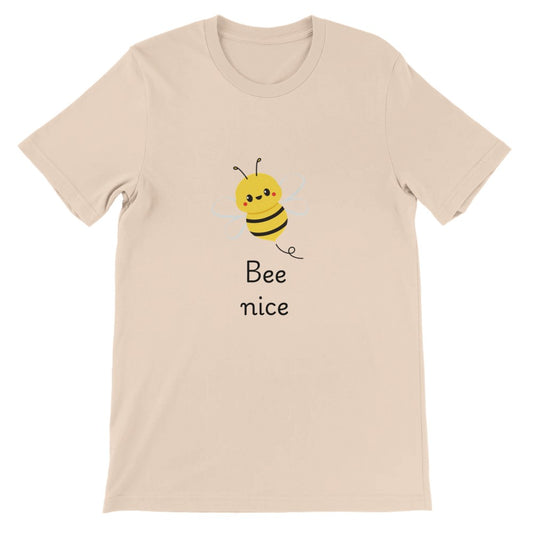 T-shirt featuring a cute bee design and the words bee nice, perfect for nature lovers and those looking to show warmth. Available in a range of colours.