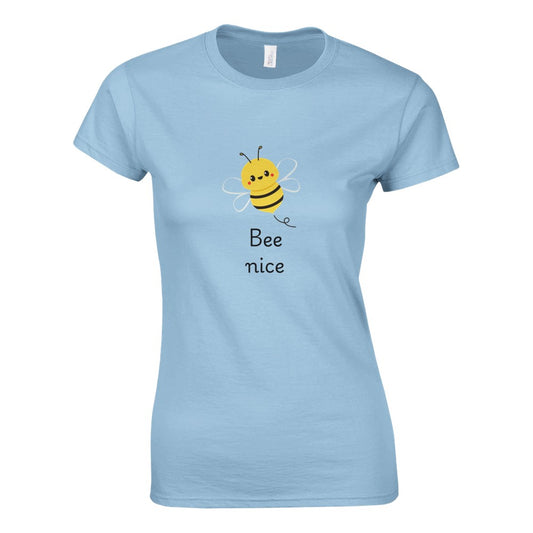 A trendy women’s fitted t-shirt showcasing a delightful bee illustration and the words bee nice. Great for expressing good vibes. Available in a range of colours.