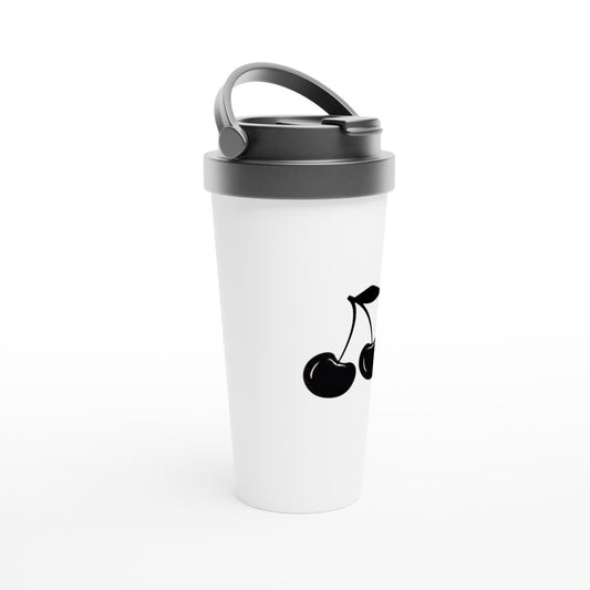 A stylish 15oz stainless steel travel mug featuring a black design, white with a black lid and handle. Maintains the temperature of either hot or cold drinks.