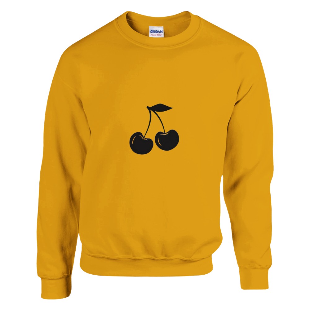 A fashionable sweatshirt showcasing a vibrant black cherry graphic, great for expressing your unique style effortlessly. Available in a range of colours - this one is a deep, golden yellow.
