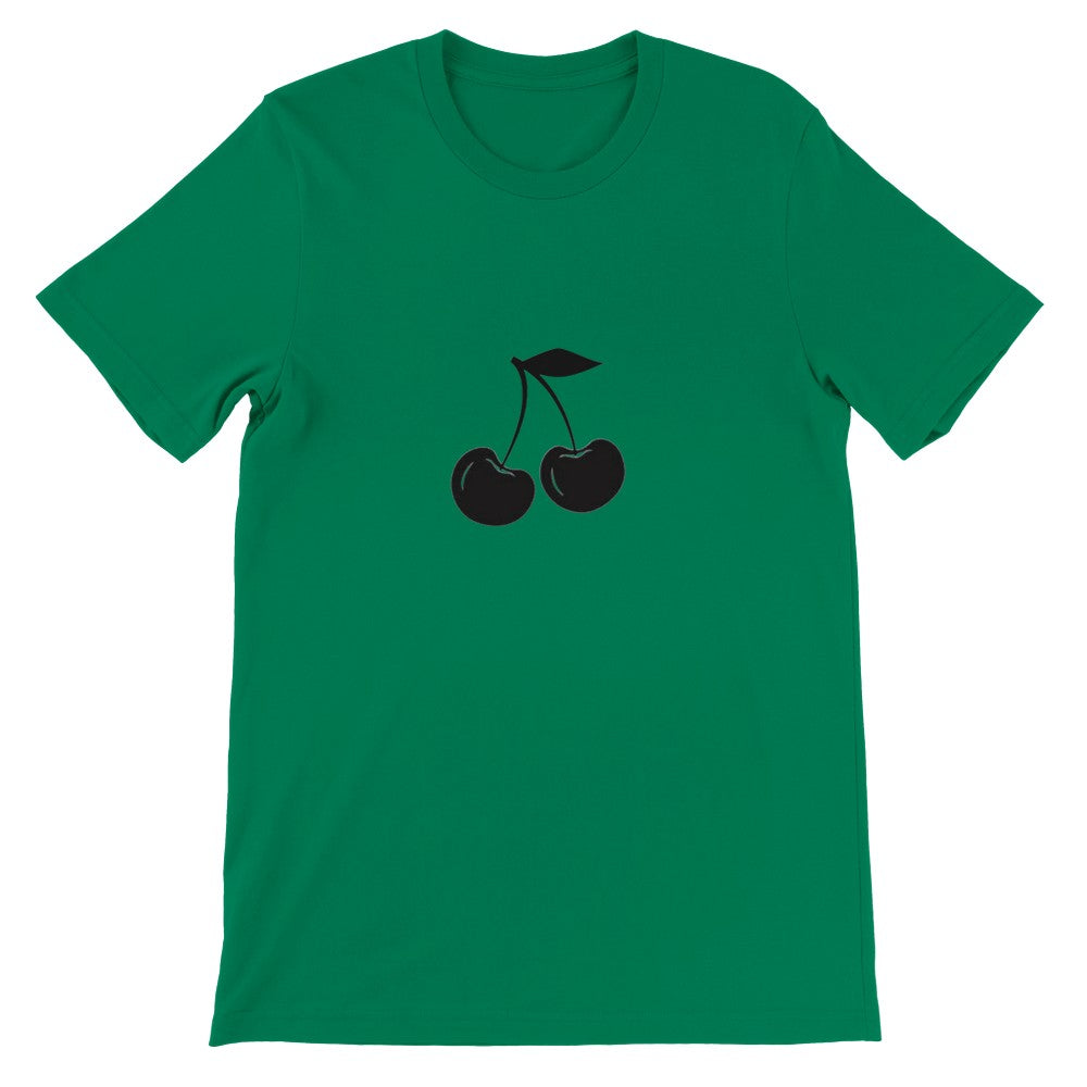 A stylish t-shirt featuring a bold black cherry design, perfect for adding a fun touch to any outfit. Available in a range of colours.