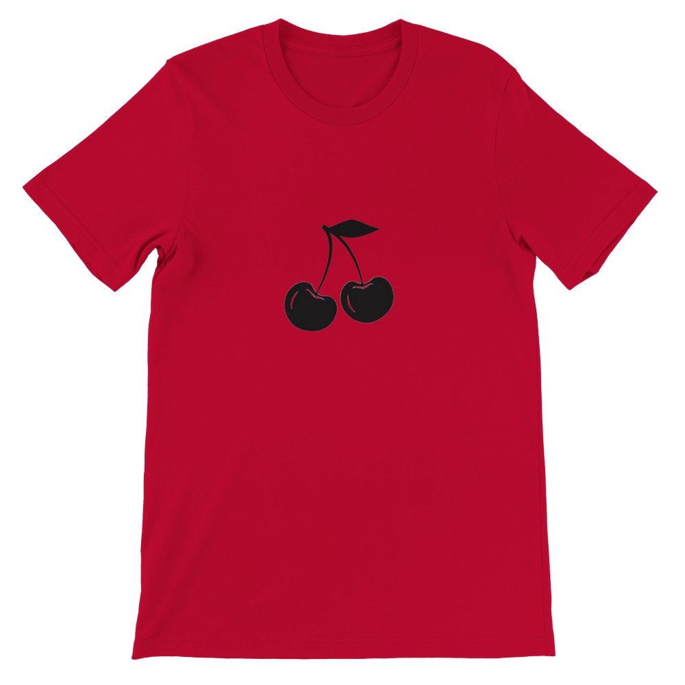A stylish t-shirt featuring a bold black cherry design, perfect for adding a fun touch to any outfit. Available in a range of colours.