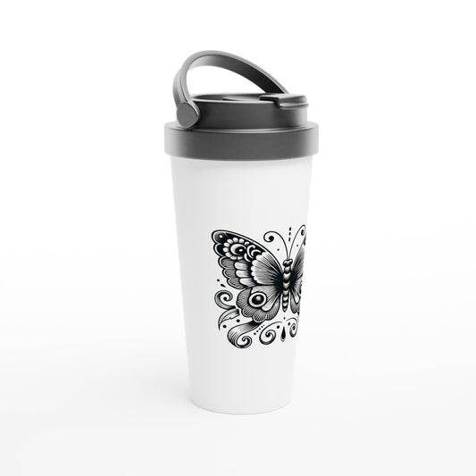 A stylish 15oz stainless steel travel mug featuring a detailed black and white image of a butterfly in the style of an old fashioned tattoo. White with a black lid and handle. Maintains the temperature of either hot or cold drinks.