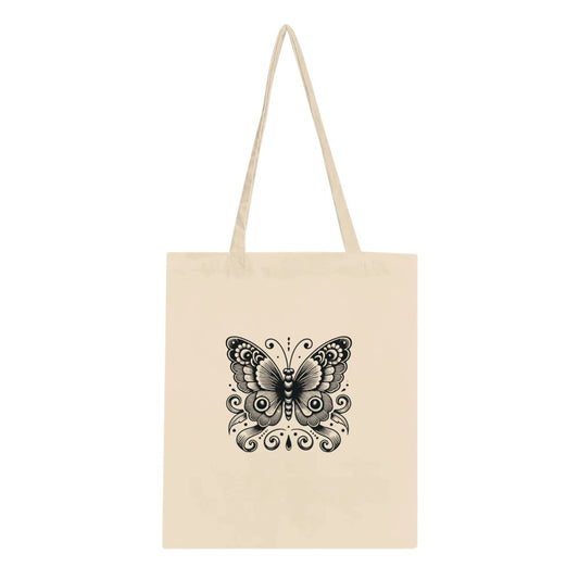 A chic tote bag showcasing an elegant black and white butterfly design, combining comfort with a touch of nature-inspired art. Ideal for stylishly transporting your belongings.