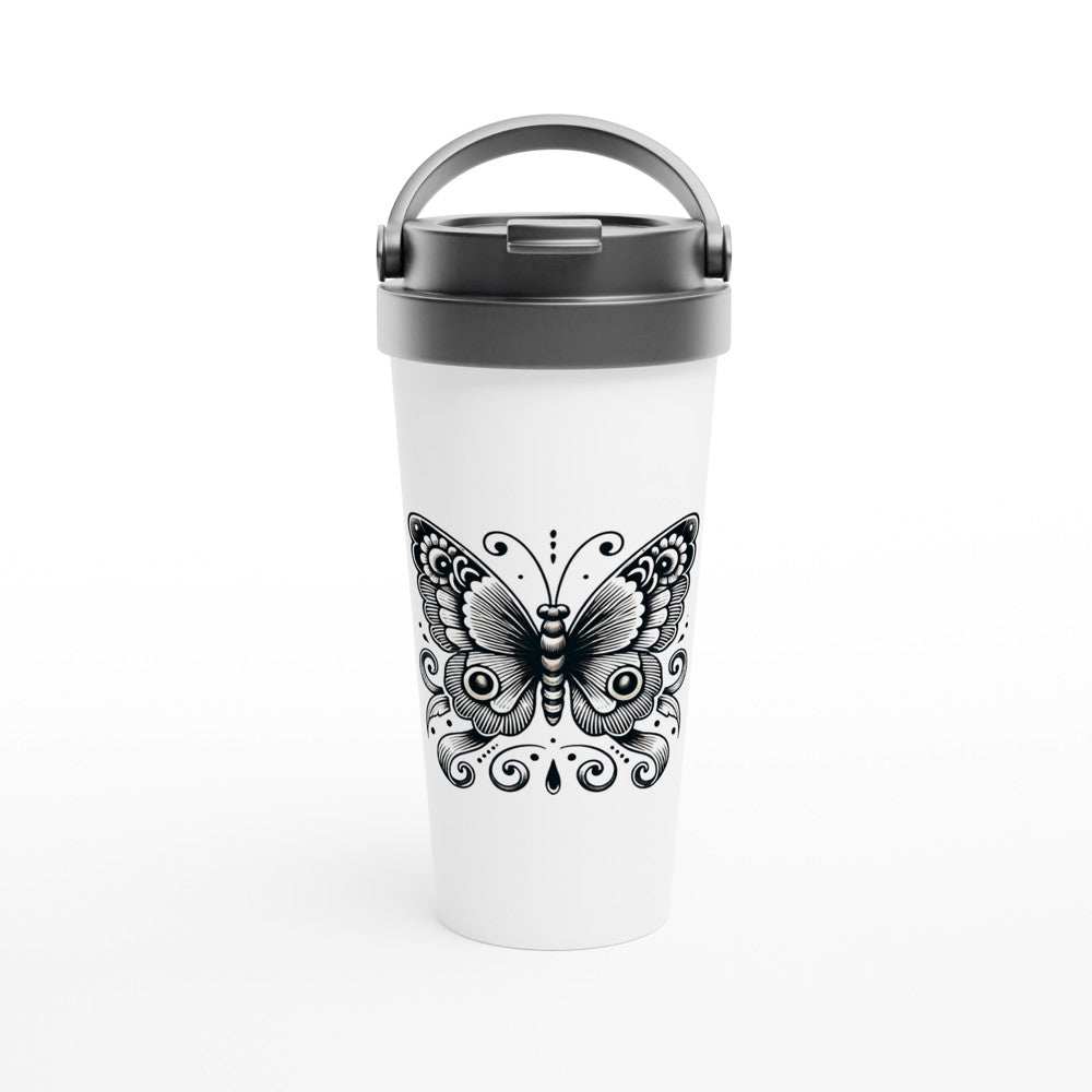 A stylish 15oz stainless steel travel mug featuring a detailed black and white image of a butterfly in the style of an old fashioned tattoo. White with a black lid and handle. Maintains the temperature of either hot or cold drinks.