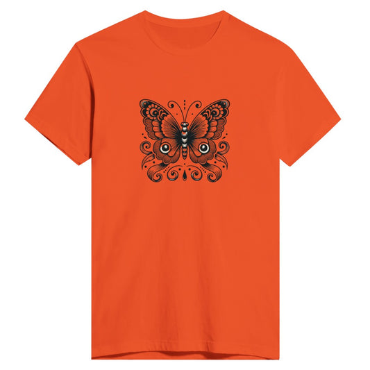A stylish t-shirt featuring a striking black and white butterfly design, perfect for nature lovers and fashion enthusiasts. Available in a range of colours.