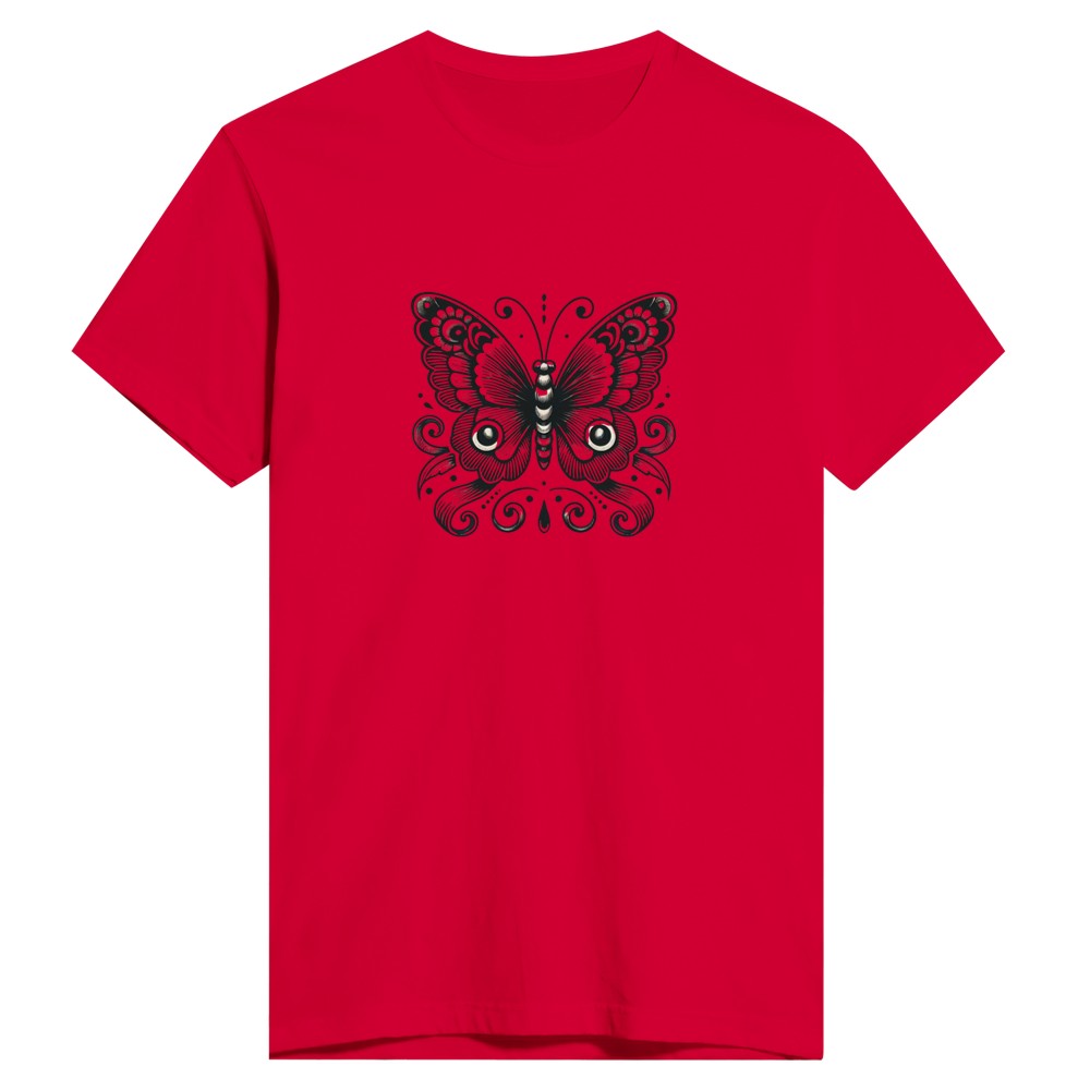 A stylish t-shirt featuring a striking black and white butterfly design, perfect for nature lovers and fashion enthusiasts. Available in a range of colours.