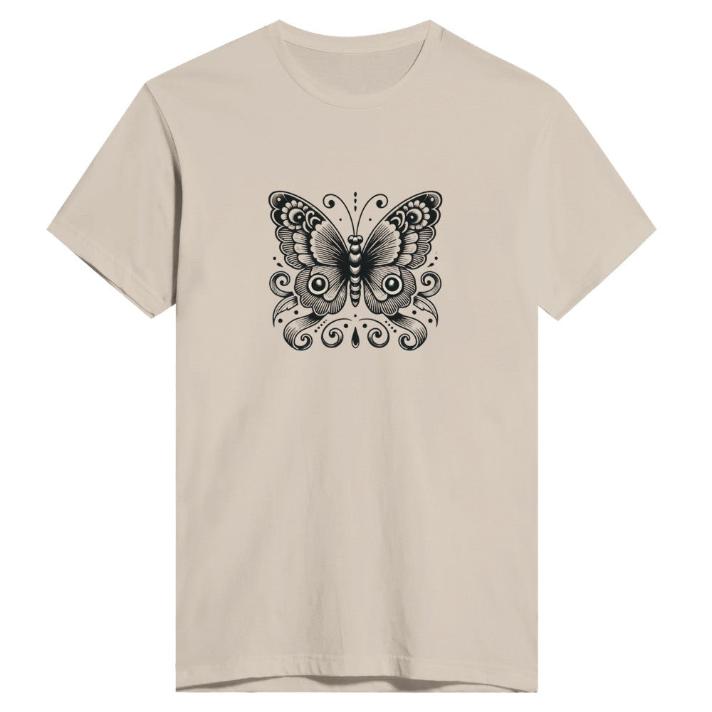 A stylish t-shirt featuring a striking black and white butterfly design, perfect for nature lovers and fashion enthusiasts. Available in a range of colours.
