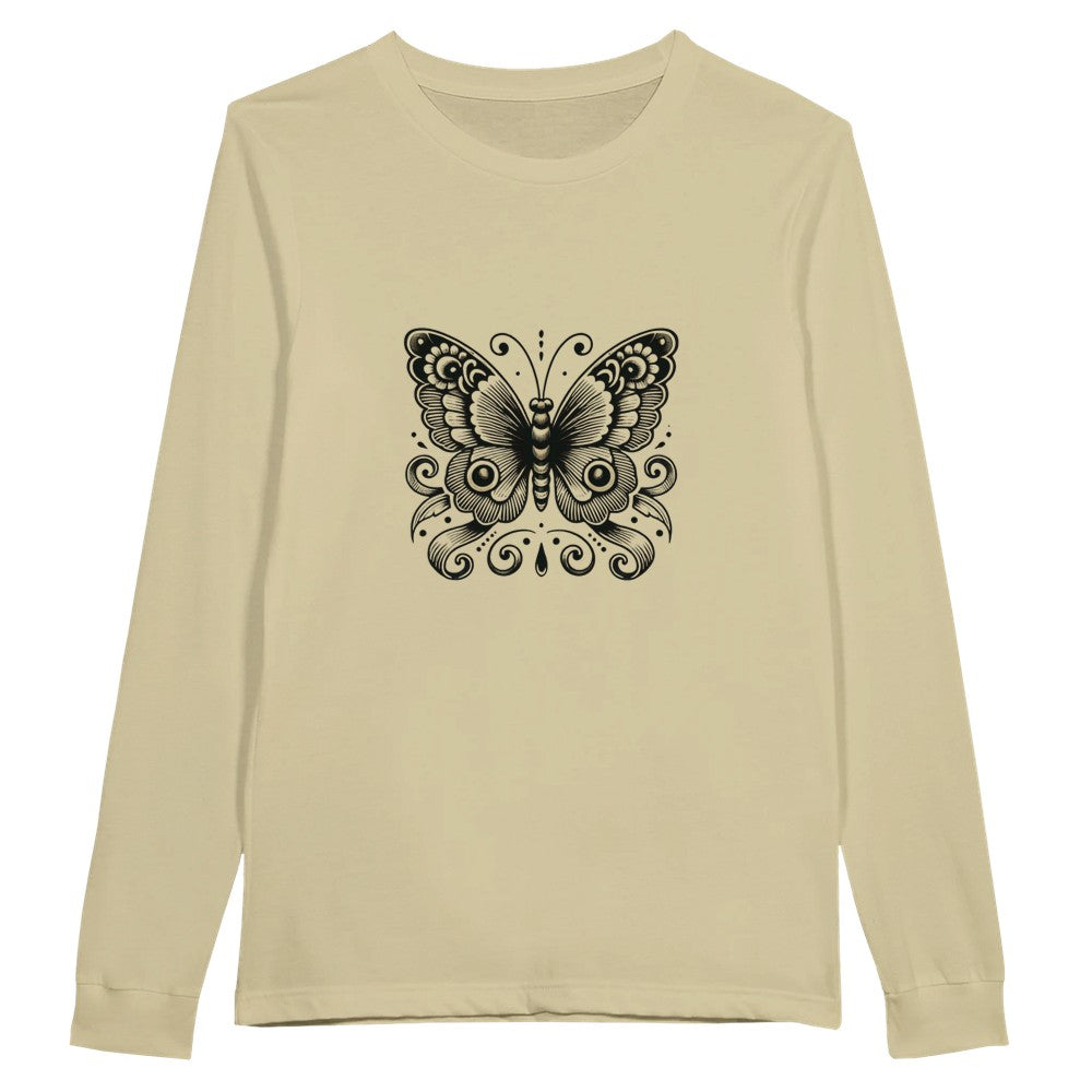 A trendy long sleeved t-shirt adorned with a beautiful black and white butterfly graphic, ideal for casual wear and expressing individuality. Available in a range of colours.