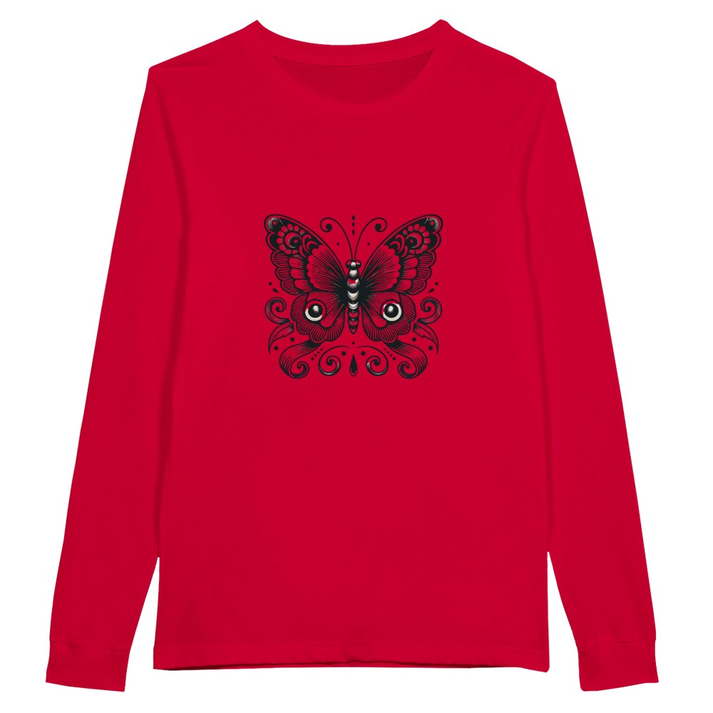 A trendy long sleeved t-shirt adorned with a beautiful black and white butterfly graphic, ideal for casual wear and expressing individuality. Available in a range of colours.