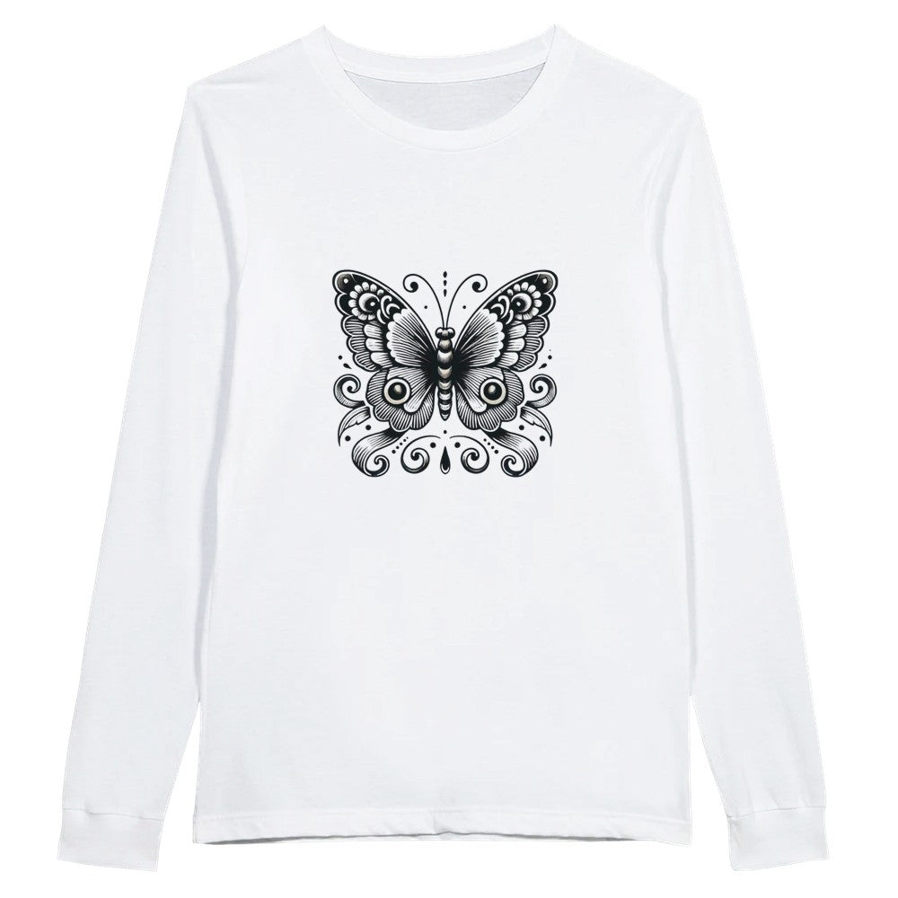 A trendy long sleeved t-shirt adorned with a beautiful black and white butterfly graphic, ideal for casual wear and expressing individuality. Available in a range of colours.