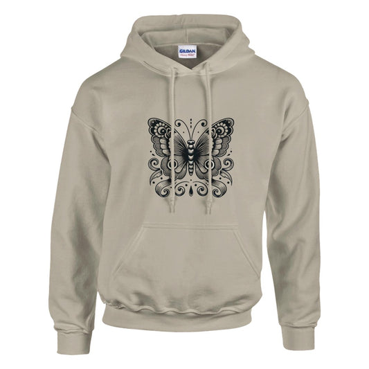 A stylish hoodie featuring a striking black and white butterfly design, perfect for nature lovers and fashion enthusiasts. Available in a range of colours.