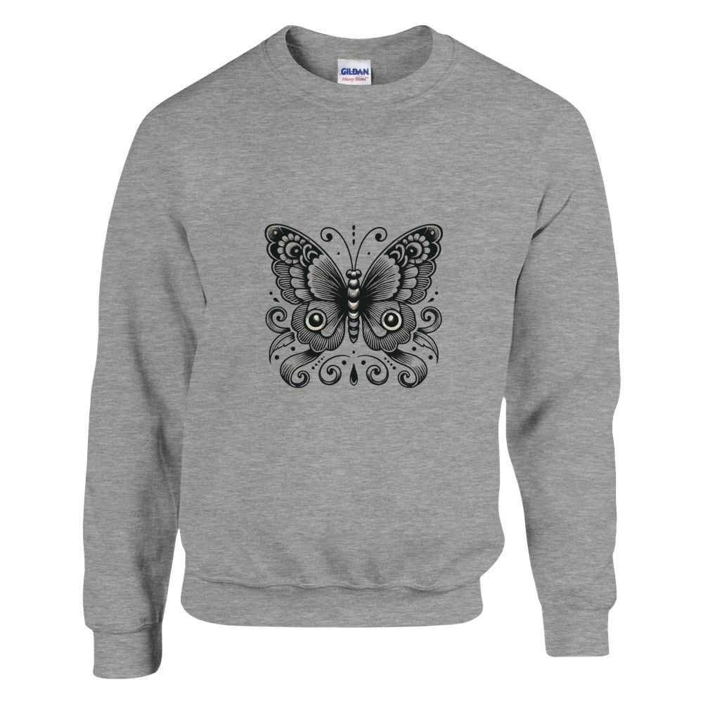 A trendy sweatshirt adorned with a beautiful black and white butterfly graphic, ideal for casual wear and expressing individuality. Available in a range of colours.