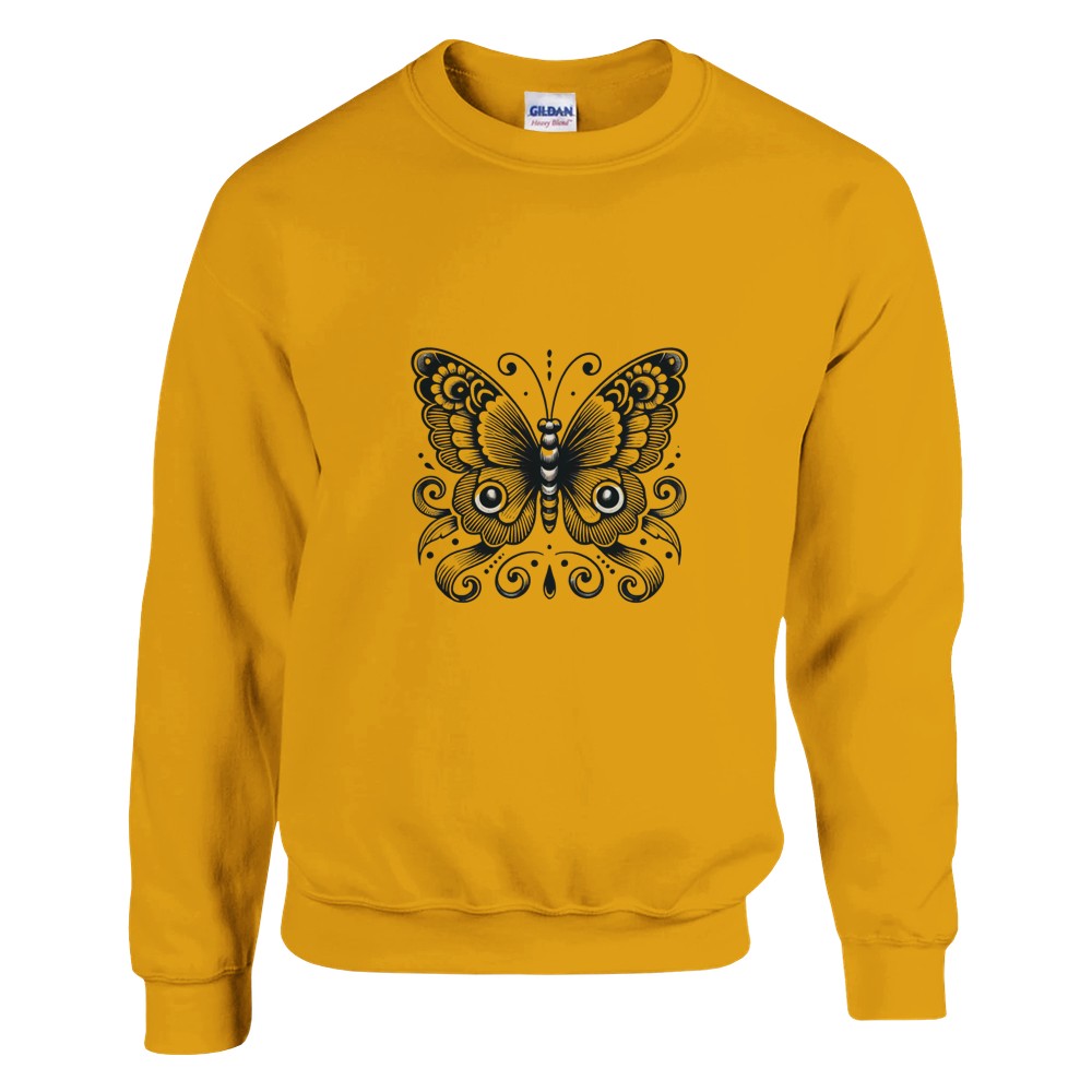 A trendy sweatshirt adorned with a beautiful black and white butterfly graphic, ideal for casual wear and expressing individuality. Available in a range of colours - this one is a deep, golden yellow.