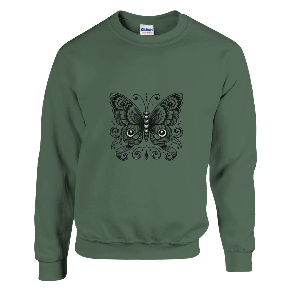 A trendy sweatshirt adorned with a beautiful black and white butterfly graphic, ideal for casual wear and expressing individuality. Available in a range of colours.
