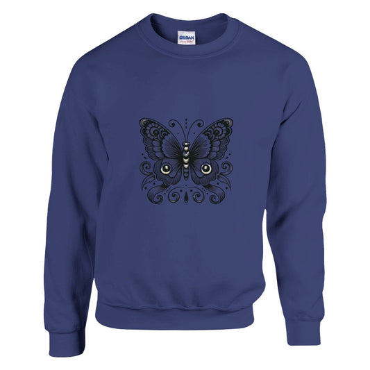A trendy sweatshirt adorned with a beautiful black and white butterfly graphic, ideal for casual wear and expressing individuality. Available in a range of colours.