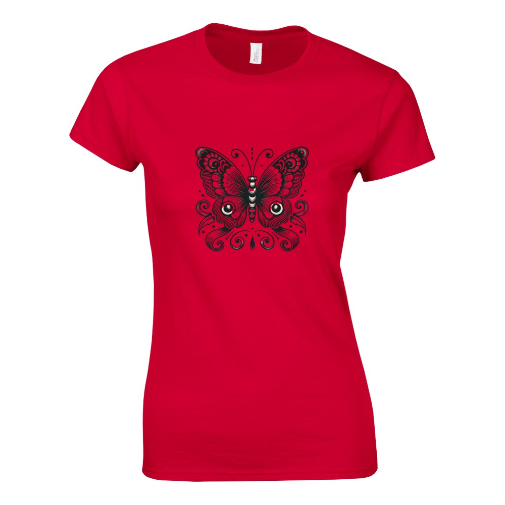 A chic t-shirt showcasing an elegant black and white butterfly design, combining comfort with a touch of nature-inspired art. Available in a range of colours.