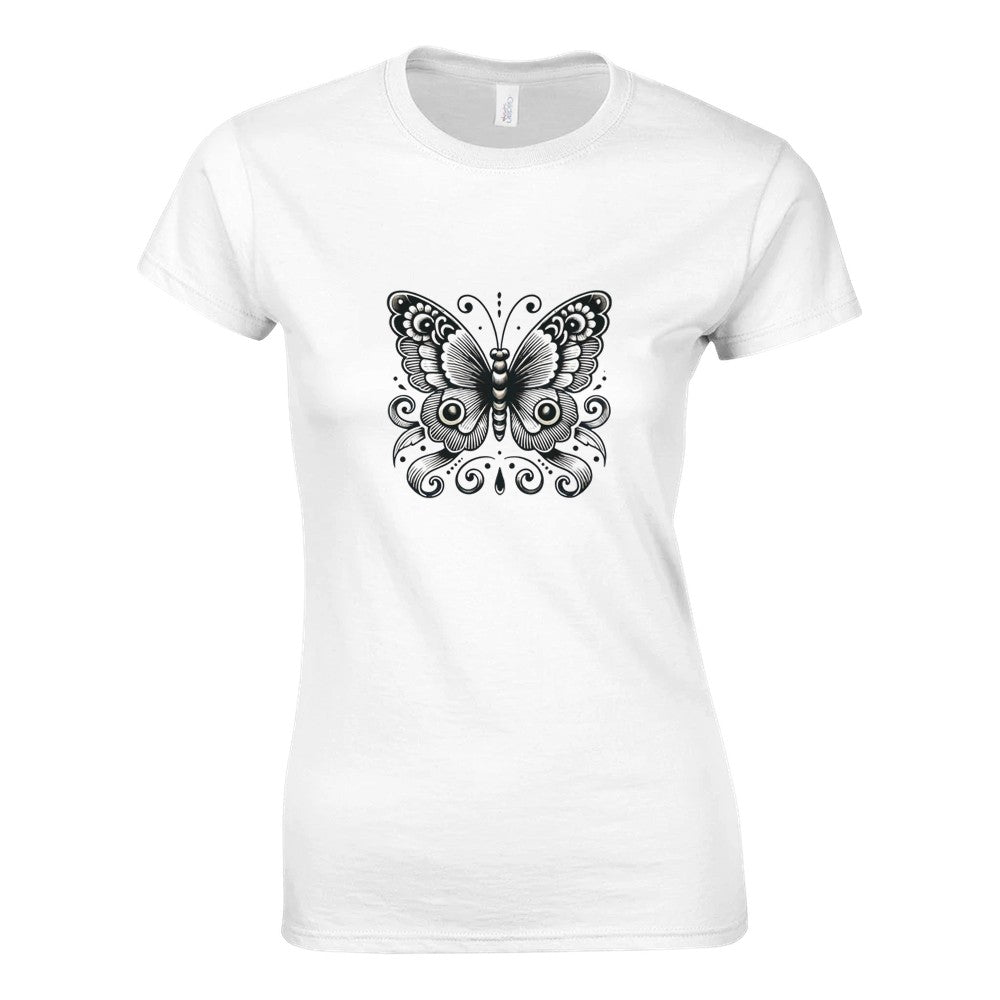 A chic t-shirt showcasing an elegant black and white butterfly design, combining comfort with a touch of nature-inspired art. Available in a range of colours.