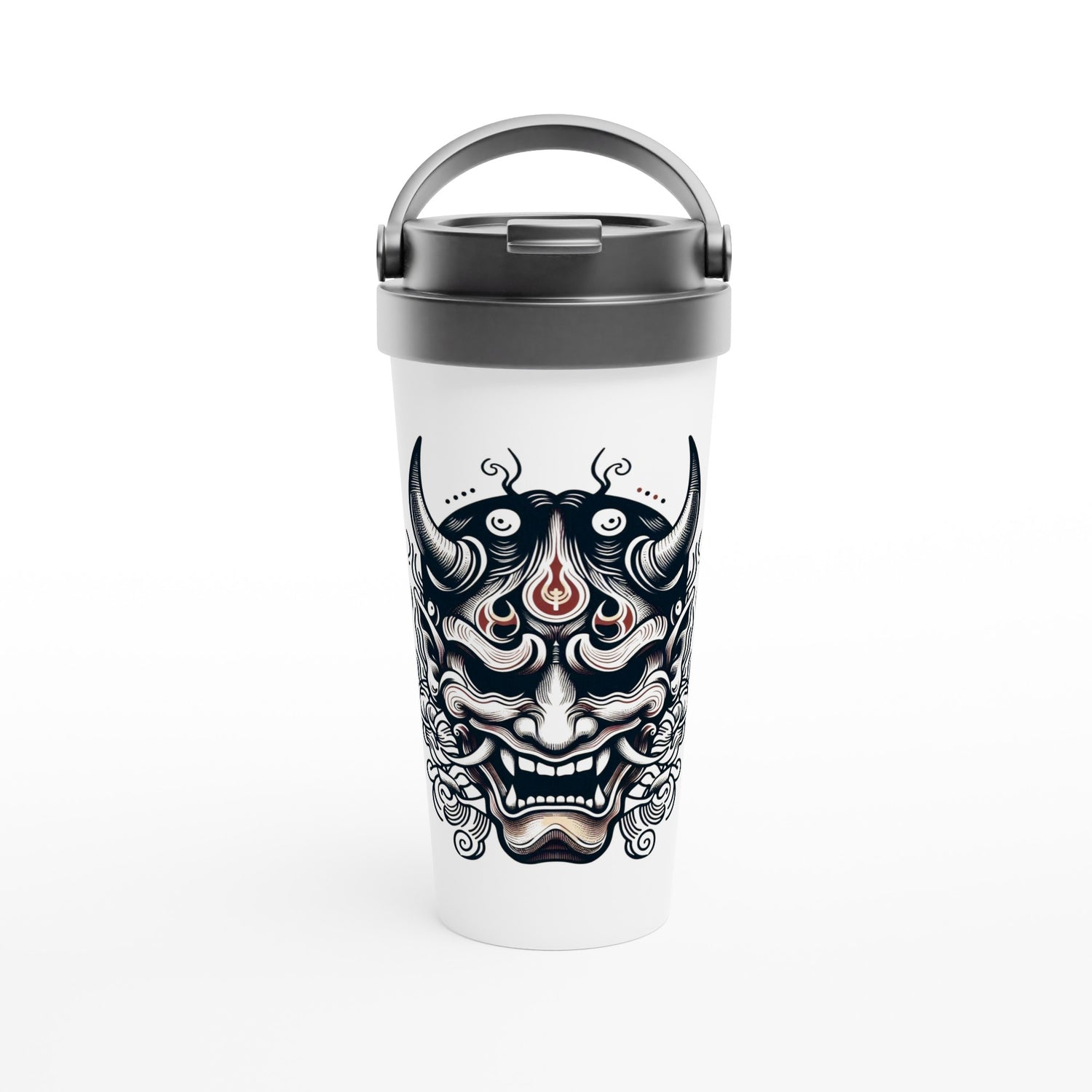 A stylish 15oz stainless steel travel mug featuring a striking Japanese demon mask design, showcasing intricate black and white line work detailing. White with a black lid and handle. Maintains the temperature of either hot or cold drinks.