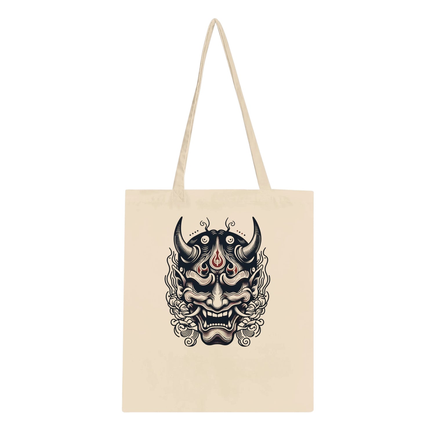 A stylish tote bag adorned with an eye-catching Japanese demon mask, blending culture and fashion in a unique way. Ideal for stylishly transporting your belongings.