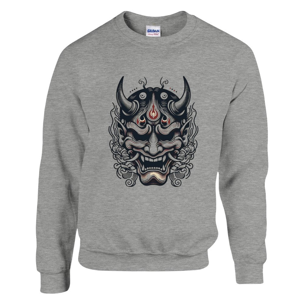 A trendy sweatshirt displaying a bold Japanese demon mask, perfect for making a statement with its artistic flair. Available in a range of colours.