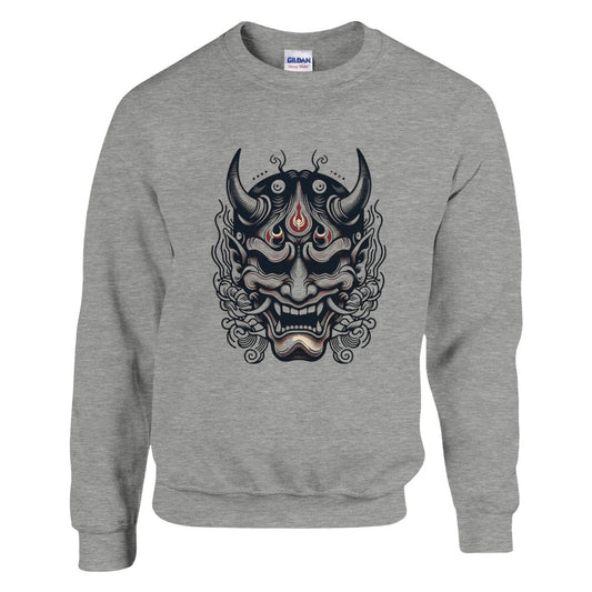 A trendy sweatshirt displaying a bold Japanese demon mask, perfect for making a statement with its artistic flair. Available in a range of colours.