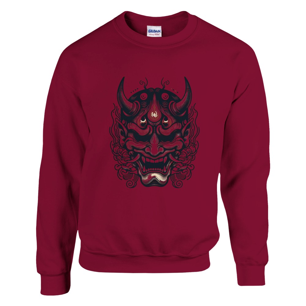 A trendy sweatshirt displaying a bold Japanese demon mask, perfect for making a statement with its artistic flair. Available in a range of colours.