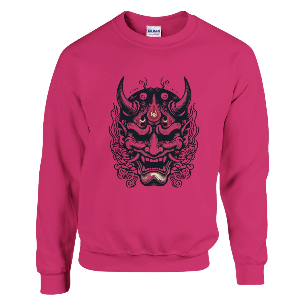 A trendy sweatshirt displaying a bold Japanese demon mask, perfect for making a statement with its artistic flair. Available in a range of colours.
