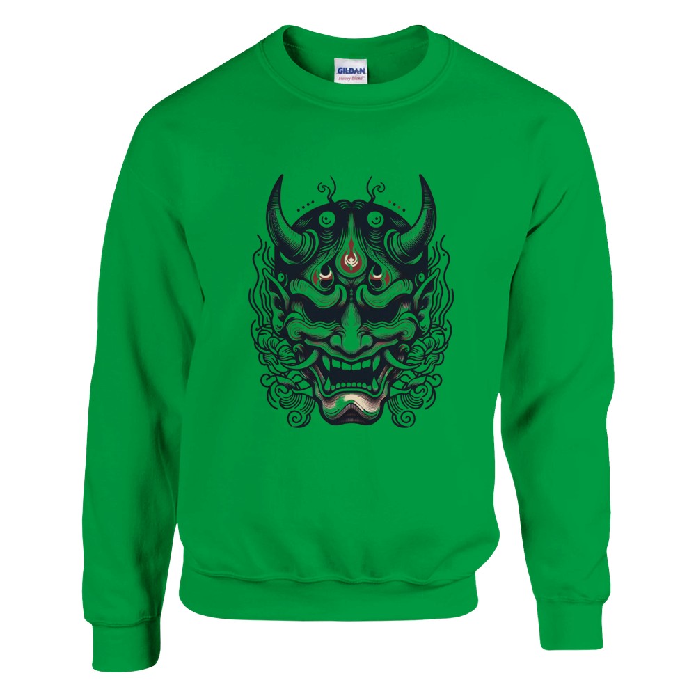 A trendy sweatshirt displaying a bold Japanese demon mask, perfect for making a statement with its artistic flair. Available in a range of colours.