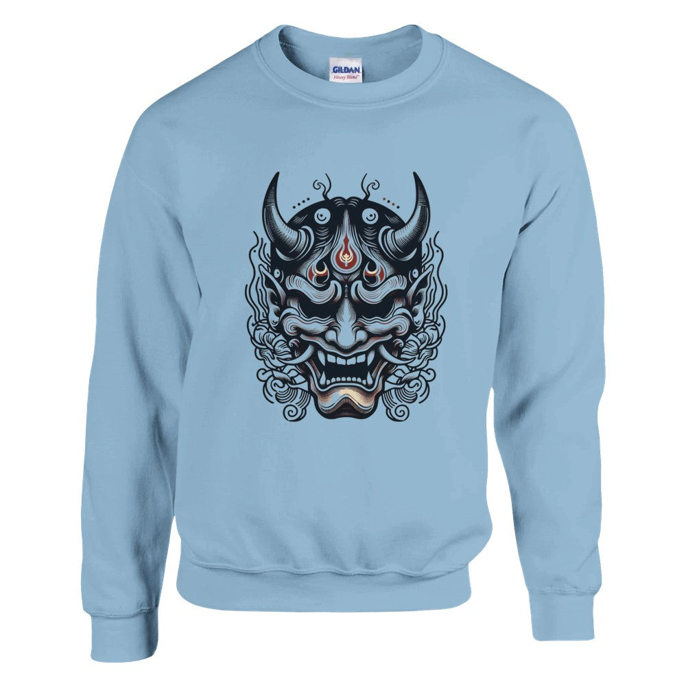 A trendy sweatshirt displaying a bold Japanese demon mask, perfect for making a statement with its artistic flair. Available in a range of colours.
