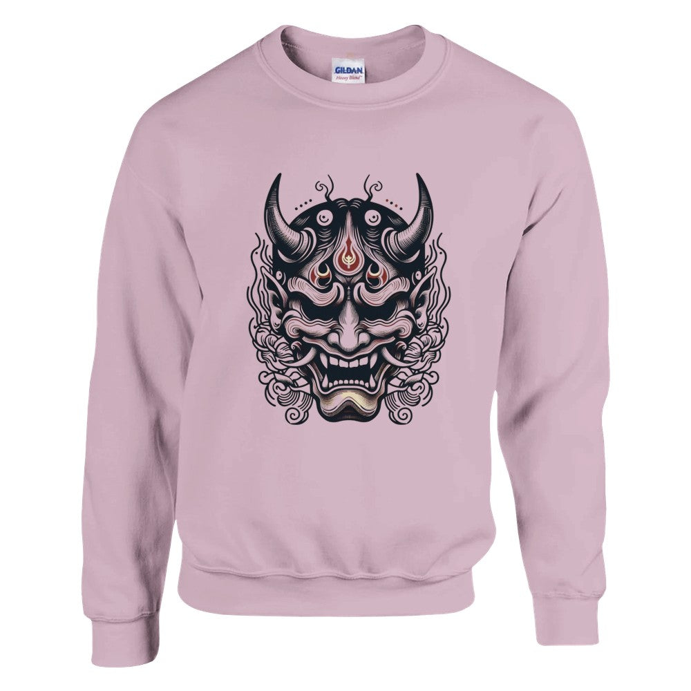 A trendy sweatshirt displaying a bold Japanese demon mask, perfect for making a statement with its artistic flair. Available in a range of colours.