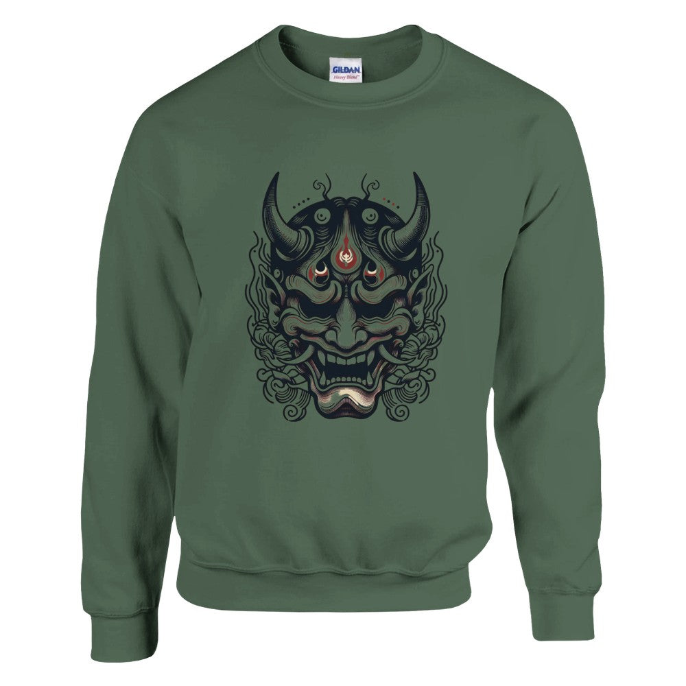 A trendy sweatshirt displaying a bold Japanese demon mask, perfect for making a statement with its artistic flair. Available in a range of colours.