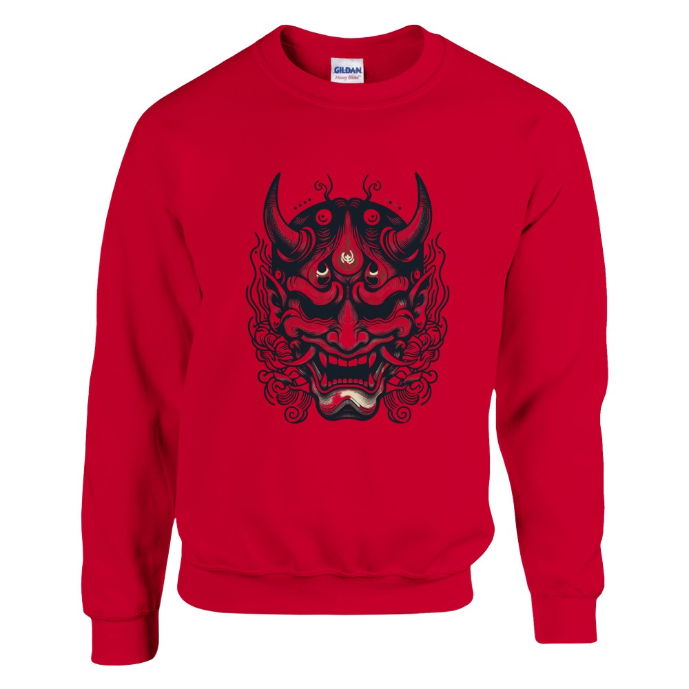 A trendy sweatshirt displaying a bold Japanese demon mask, perfect for making a statement with its artistic flair. Available in a range of colours.