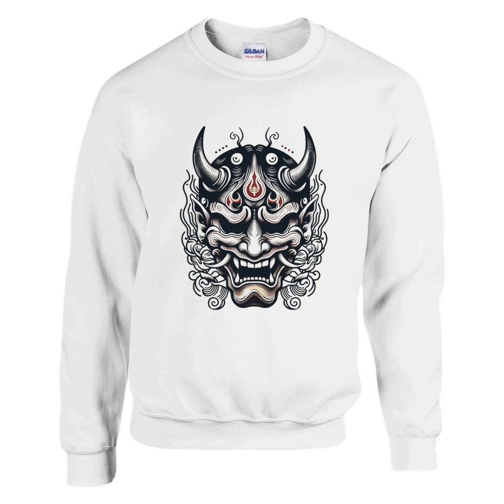 A trendy sweatshirt displaying a bold Japanese demon mask, perfect for making a statement with its artistic flair. Available in a range of colours.