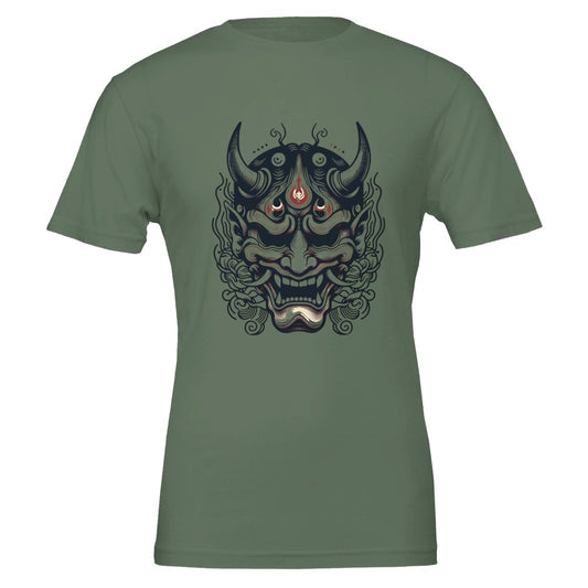 A trendy t-shirt displaying a bold Japanese demon mask, perfect for making a statement with its artistic flair. Available in a range of colours.